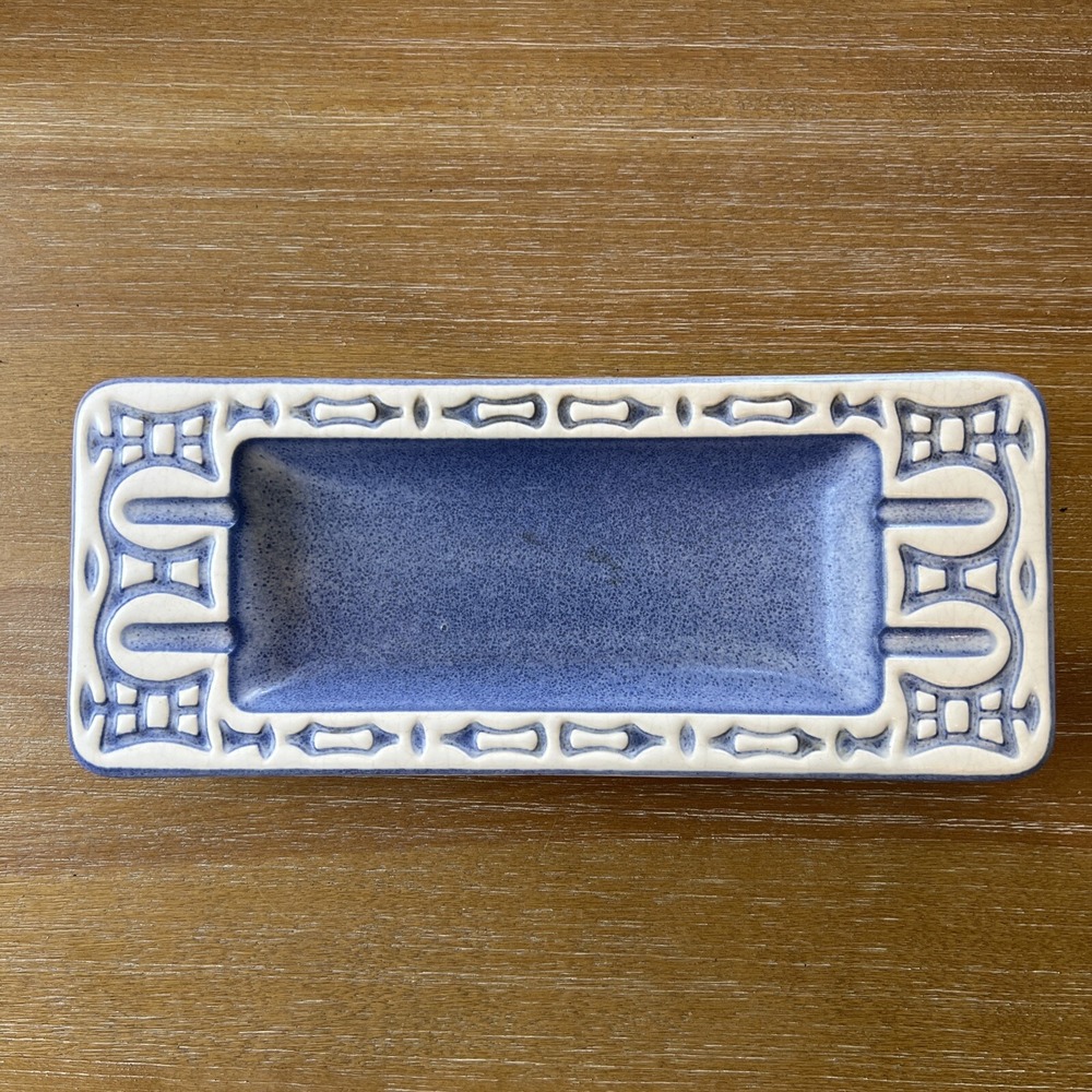 Vintage Hyalyn Porcelain Ashtray Blue White MCM Tiki Modernist with cork backing
